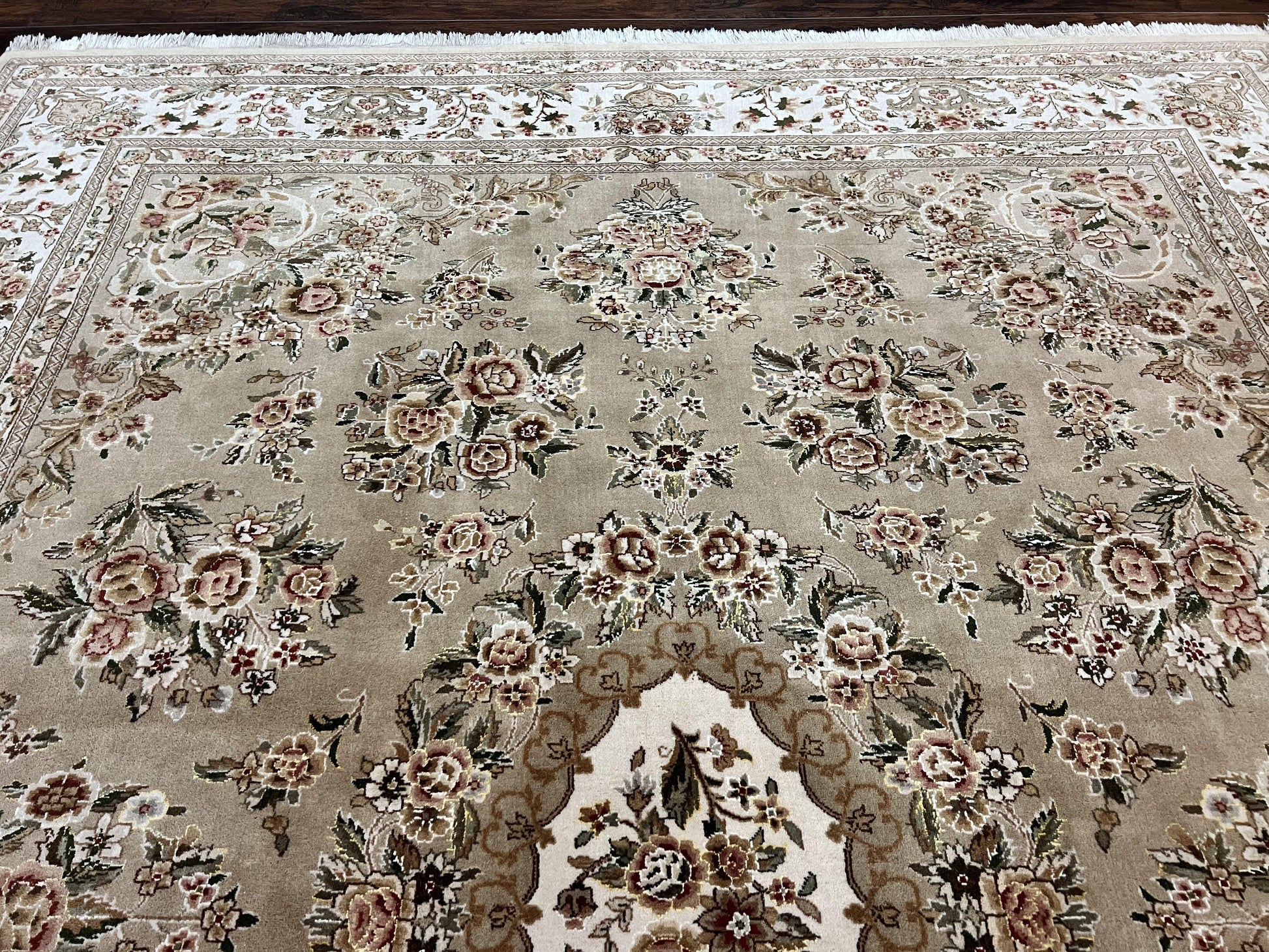 Sino Persian Rug 8x10, Soft Wool, Silk Highlights, Hand Knotted Vintage Carpet, Taupe & Ivory, Floral, Traditional Rug 8 x 10 - Nuvé