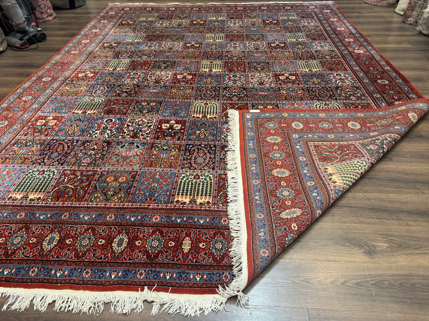 Wonderful Persian Qum Rug 10x13, Panel Design, Fine 260 KPSI, Signed, Red Multicolor