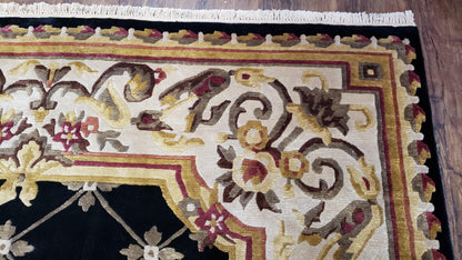 Nepal Rug 6x9, New Aubusson Nepalese Tibetan Carpet 6'1" x 8' 8", Hand-Knotted Wool, Unused, Black & Cream, Savonnerie Pattern, Soft Pile - Nuvé