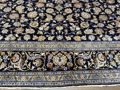 Wonderful Navy Blue Persian Kashan Rug 11x13, Allover Floral Design with Central Medallion, Wool Hand-Knotted Antique Carpet, Signed Rabani Rug - Nuvé