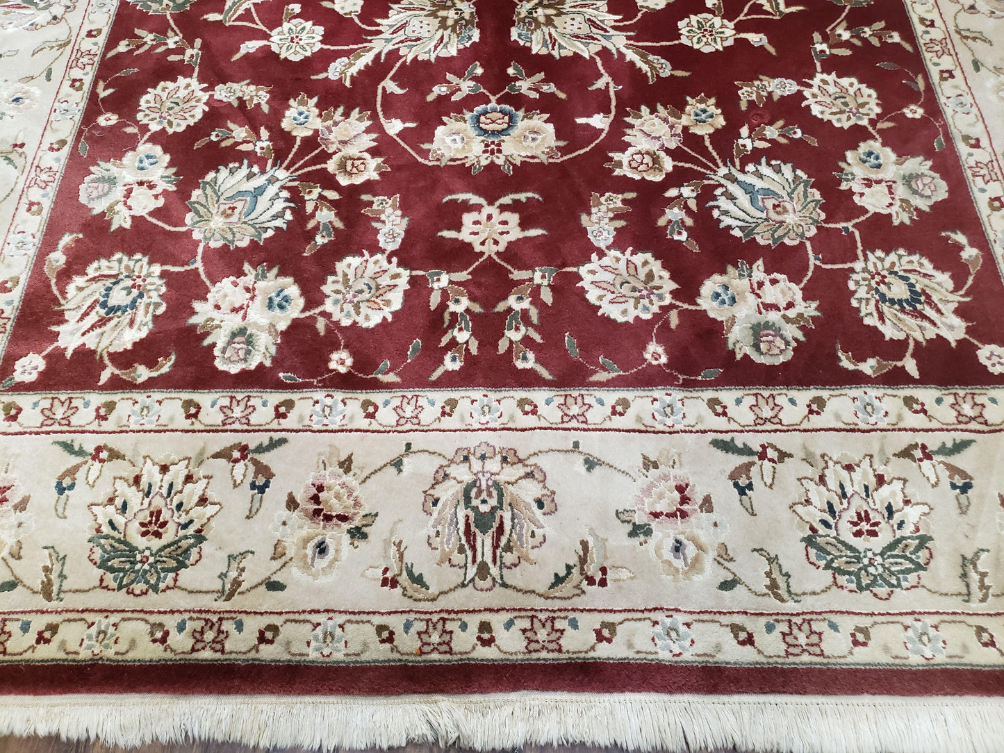 Vintage Traditional Oriental Area Rug, Hand-Knotted, Wool & Silk Accents, Maroon Red and Beige, 6x9 Carpet, 5' 9" x 9' - Nuvé