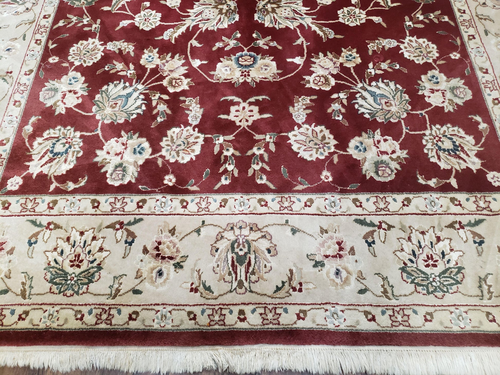 Vintage Traditional Oriental Area Rug, Hand-Knotted, Wool & Silk Accents, Maroon Red and Beige, 6x9 Carpet, 5' 9" x 9' - Nuvé