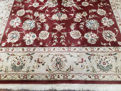 Vintage Traditional Oriental Area Rug, Hand-Knotted, Wool & Silk Accents, Maroon Red and Beige, 6x9 Carpet, 5' 9" x 9' - Nuvé