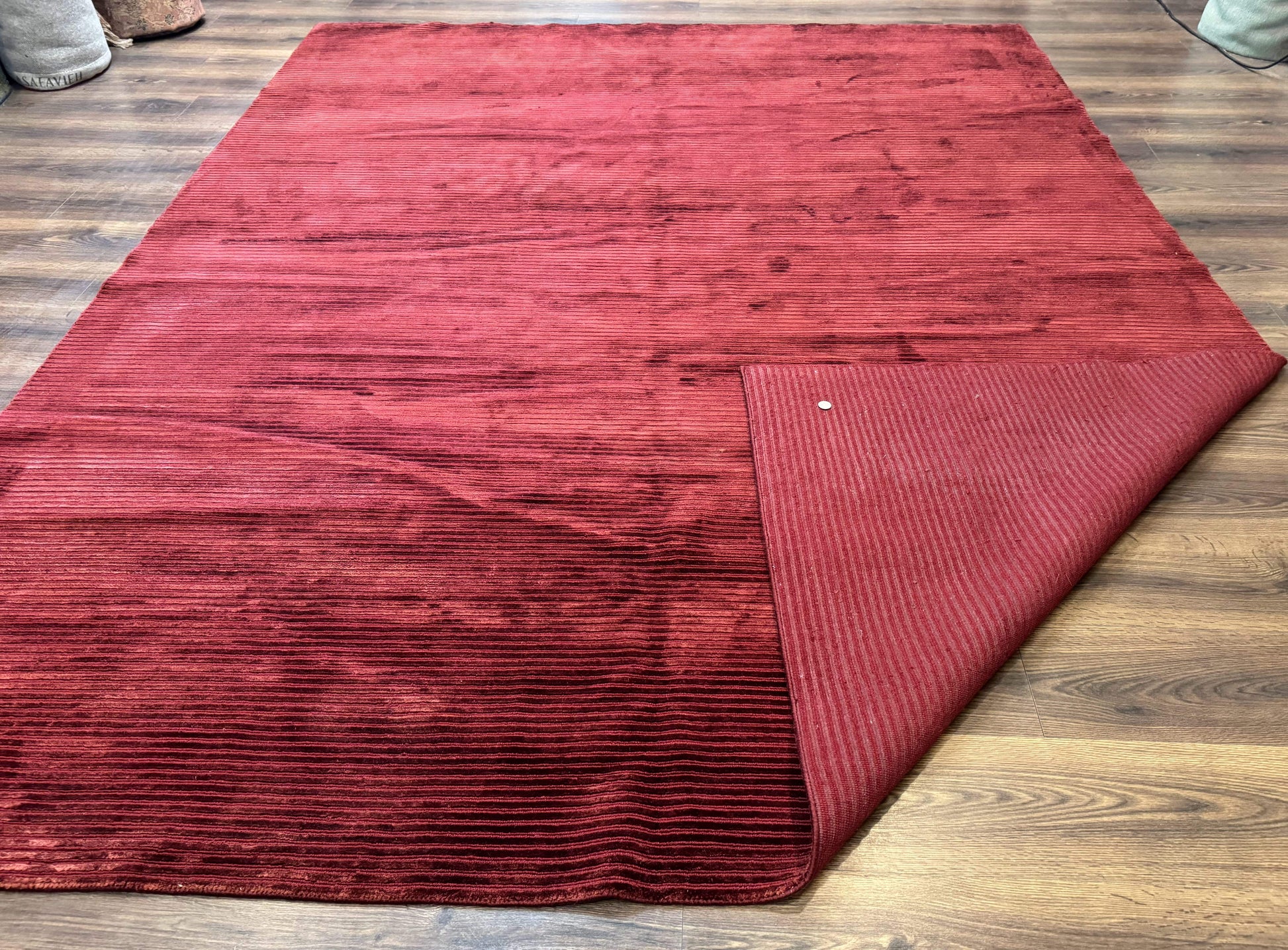 Modern Tibetan Rug 8x10, Red, Stripes, Handmade Wool Thick Pile Carpet - Nuvé