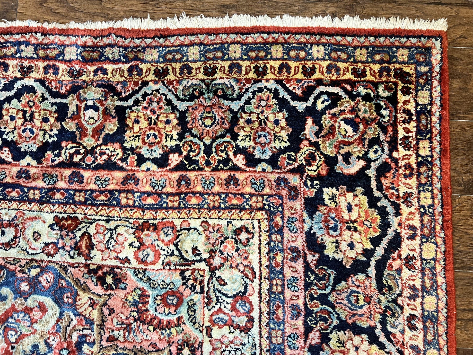 Persian Sarouk Rug 11x14, Semi Open Field, Large Antique Persian Wool Handmade Carpet, Red and Dark Blue, Floral - Nuvé