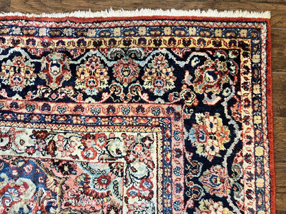 Persian Sarouk Rug 11x14, Semi Open Field, Large Antique Persian Wool Handmade Carpet, Red and Dark Blue, Floral - Nuvé
