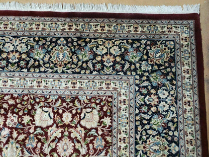 Persian Rug 9x12, Floral Allover, Very Fine, Handmade, Room Sized Oriental Carpet, Sino Persian, Maroon and Navy Blue