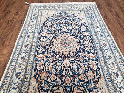Semi Antique Fine Persian Nain Rug, Ivory & Blue, Wool with Silk Accents, 3'9" x 6'2" - Nuvé