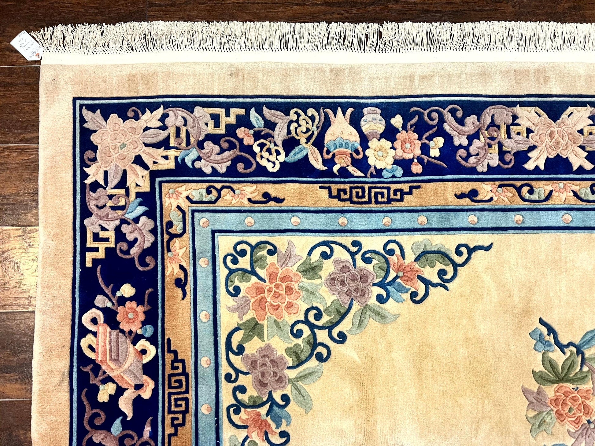 Chinese Wool Rug 8x11, Peking Asian Oriental Carpet, Cream/Ivory and Blue, Vintage Handmade Rug, Art Deco Rug - Nuvé