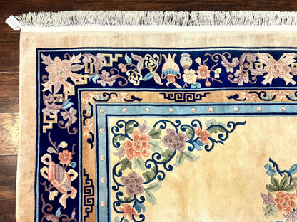 Chinese Wool Rug 8x11, Peking Asian Oriental Carpet, Cream/Ivory and Blue, Vintage Handmade Rug, Art Deco Rug - Nuvé
