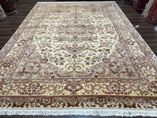 Vintage Sino Persian Rug 10x14, Room Sized Elegant Handmade Oriental Carpet 10 x 14, Floral Medallion Large Wool Rug with Silk Accents Beige - Nuvé