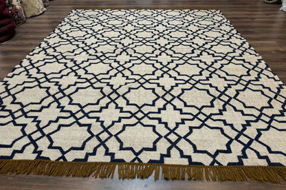 Indian Kilim Rug 8x10, Oat and Navy Blue, Dhurrie Carpet, Handmade, Wool