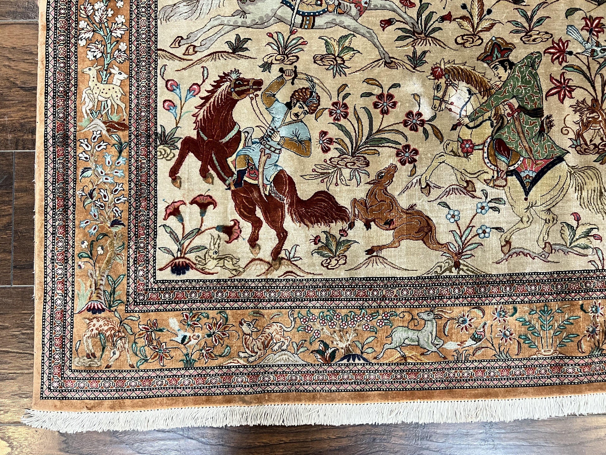 Silk Persian Qum Rug 3x5, Hunting Pattern, Handmade Vintage Carpet, Signed by Master Weaver, Horsemen Pictorials, Super Fine 650 KPSI - Nuvé