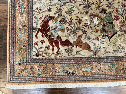 Silk Persian Qum Rug 3x5, Hunting Pattern, Handmade Vintage Carpet, Signed by Master Weaver, Horsemen Pictorials, Super Fine 650 KPSI - Nuvé