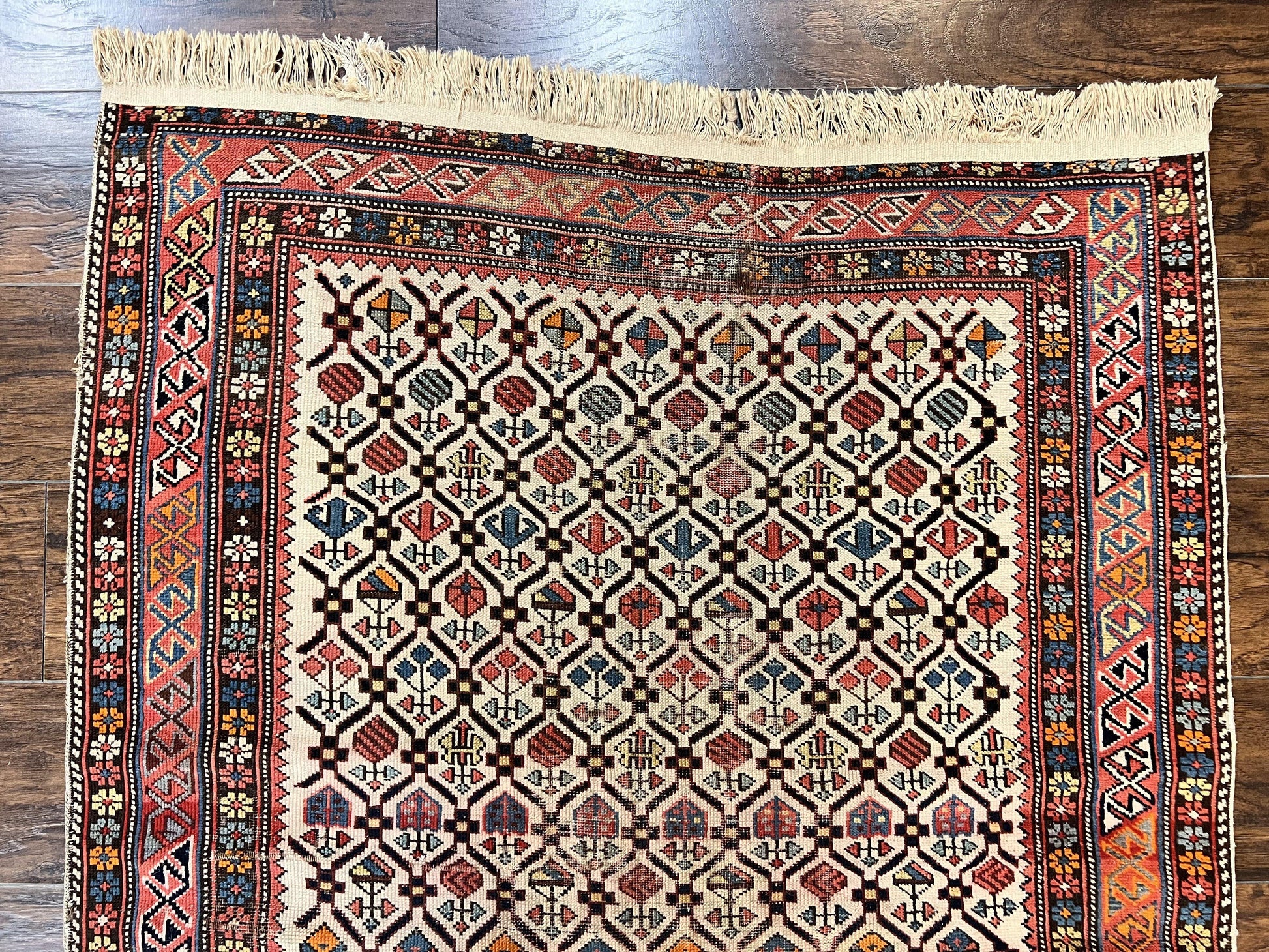 Antique Caucasian Rug 4x5, Hand Knotted Handmade Shirvan Oriental Carpet, Ivory Red Rug Allover Pattern, Rare Wool Rug, Tribal Geometric Rug - Nuvé