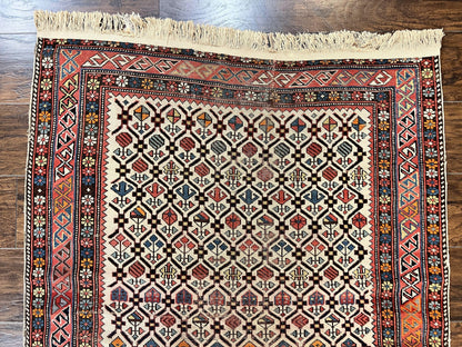 Antique Caucasian Rug 4x5, Hand Knotted Handmade Shirvan Oriental Carpet, Ivory Red Rug Allover Pattern, Rare Wool Rug, Tribal Geometric Rug - Nuvé