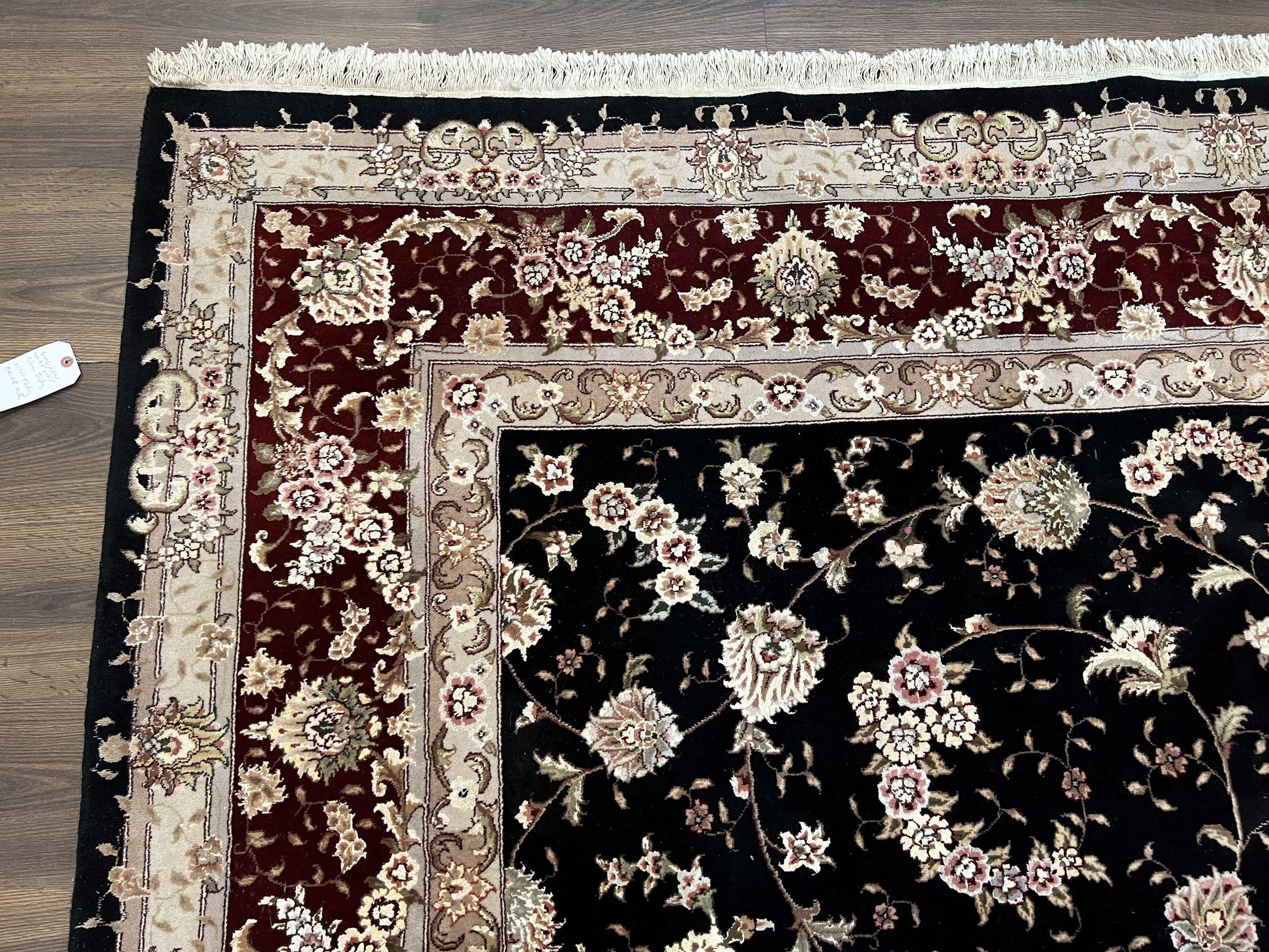 Sino Persian Rug 9x12, High Quality Oriental Carpet, Black and Maroon, Wool and Silk, Allover Floral Pattern, Hand Knotted, Vintage Rug Nice - Nuvé