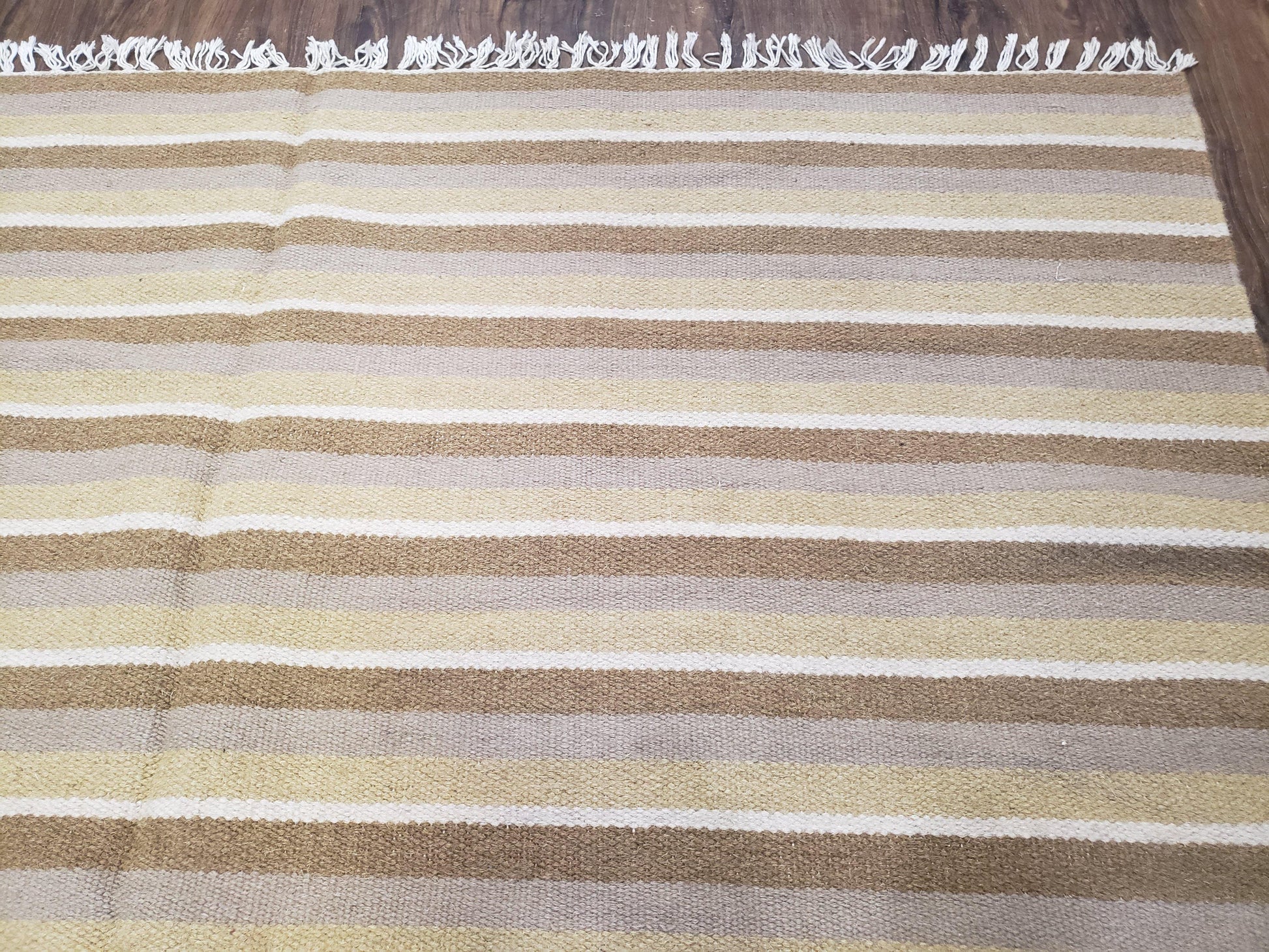 New Indian Striped Blanket, Multicolor Earthern Tones Kilim Rug, Wool Handmade South American Style Blanket, Queen Sized Bedspread 5x8 - 6x8 - Nuvé