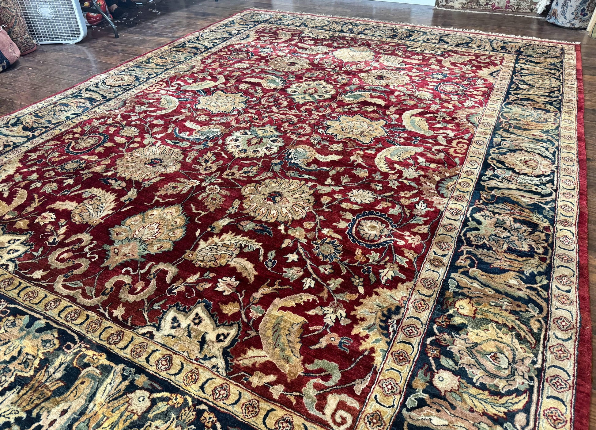 Indo Persian Rug 10x14, Indian Agra Carpet, Vintage Handmade Wool Large Traditional Rug, Dark Red Navy Blue Beige - Nuvé