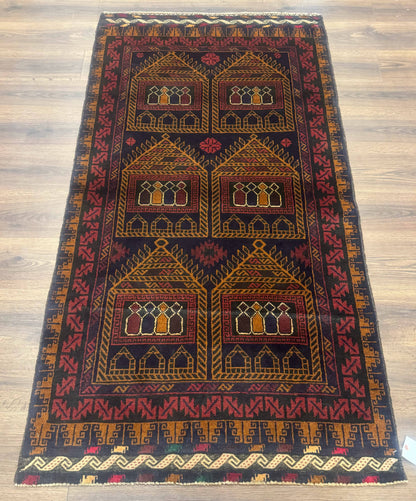 Afghan Rug 3x7, Navy Blue, Tribal Rug, Balouch Carpet, New - Nuvé