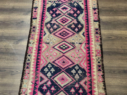 Turkish Runner Rug 3x10, Pink and Navy Blue, Bohemian Runner for Hallway or Kitchen, Vintage, Geometric, Tribal - Nuvé