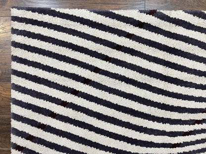 Vintage Zebra Stripes Shag Rug 5.7 x 7.4, Black and White, Retro, Wool