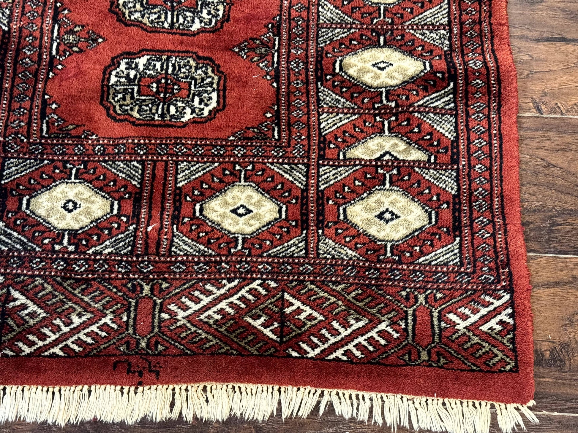 Red Pakistani Turkoman Rug 3x5, Bokhara Design, Vintage, Signed - Nuvé