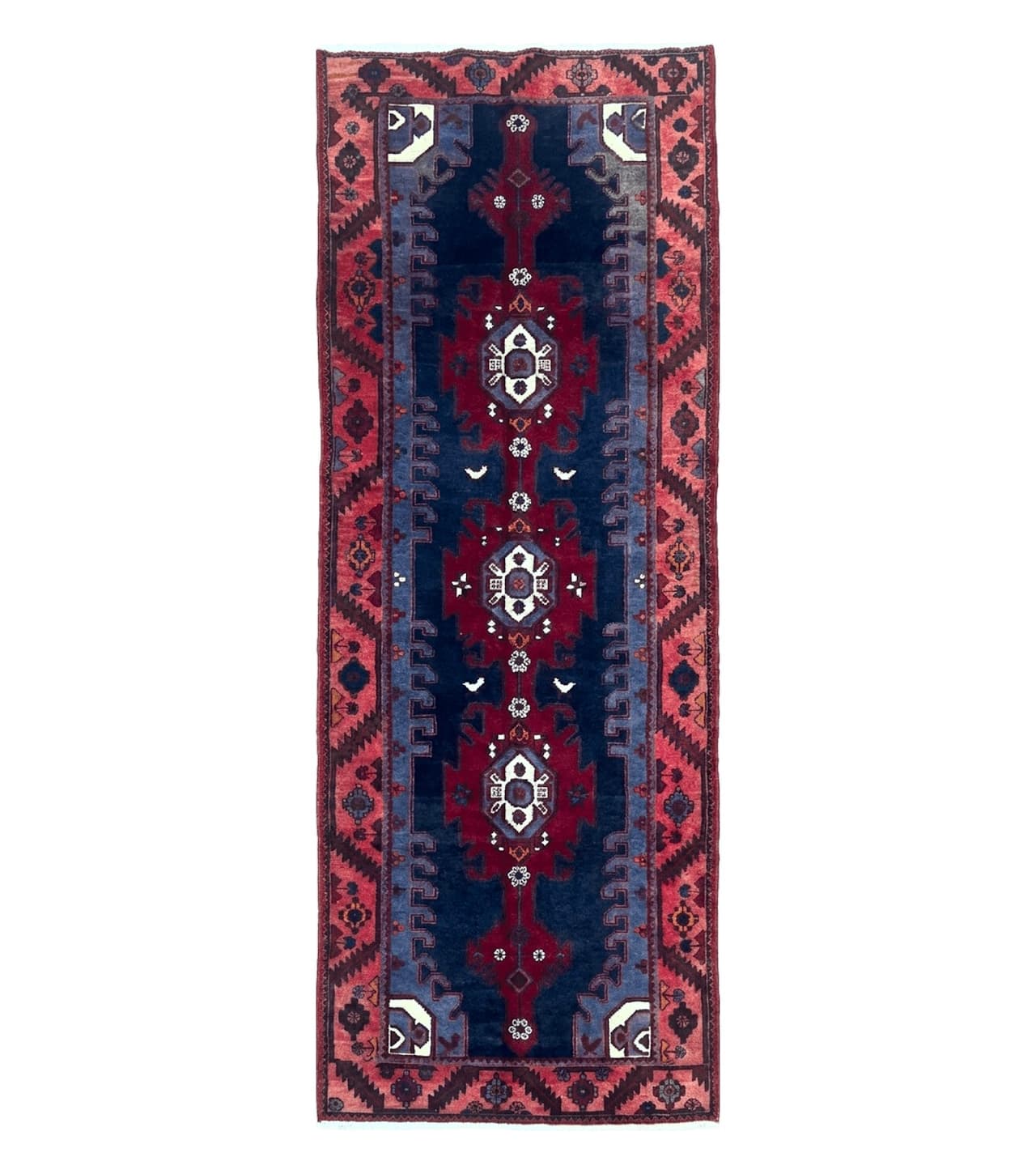 Persian Karajeh Runner Rug 3.6 x 9.5, Geometric Medallions, Tribal Village Rug, Navy Blue, Handmade