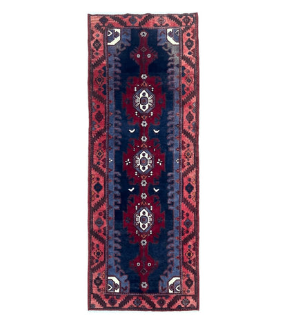Persian Karajeh Runner Rug 3.6 x 9.5, Geometric Medallions, Tribal Village Rug, Navy Blue, Handmade
