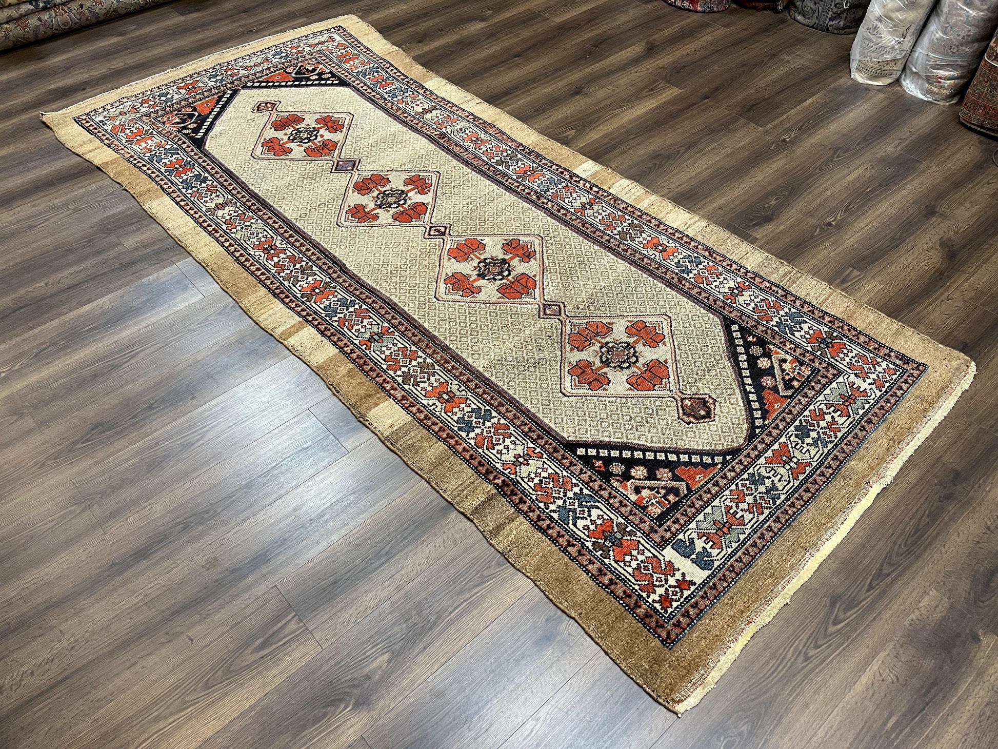 Rare Persian Sarab Tribal Runner Rug 4 x 10, Antique, Geometric Medallions, Camel Hair Runner - Nuvé