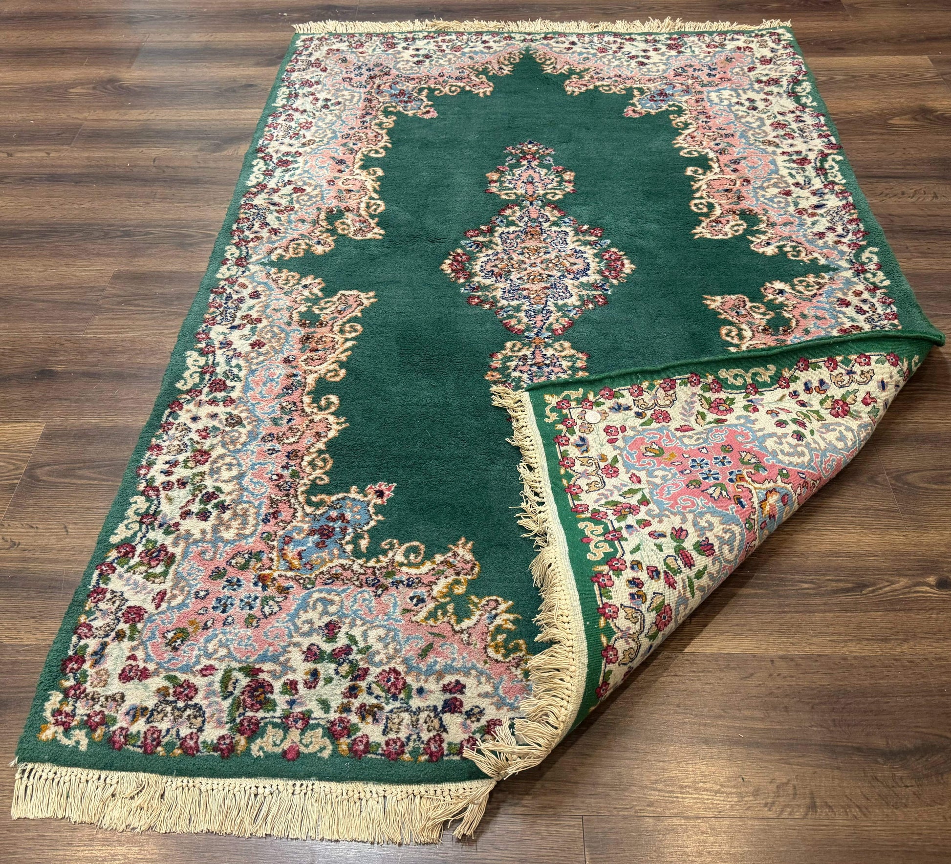 Persian Kerman Rug 4x6, Green Ivory Pink, Wool Vintage, Semi Open Field - Nuvé