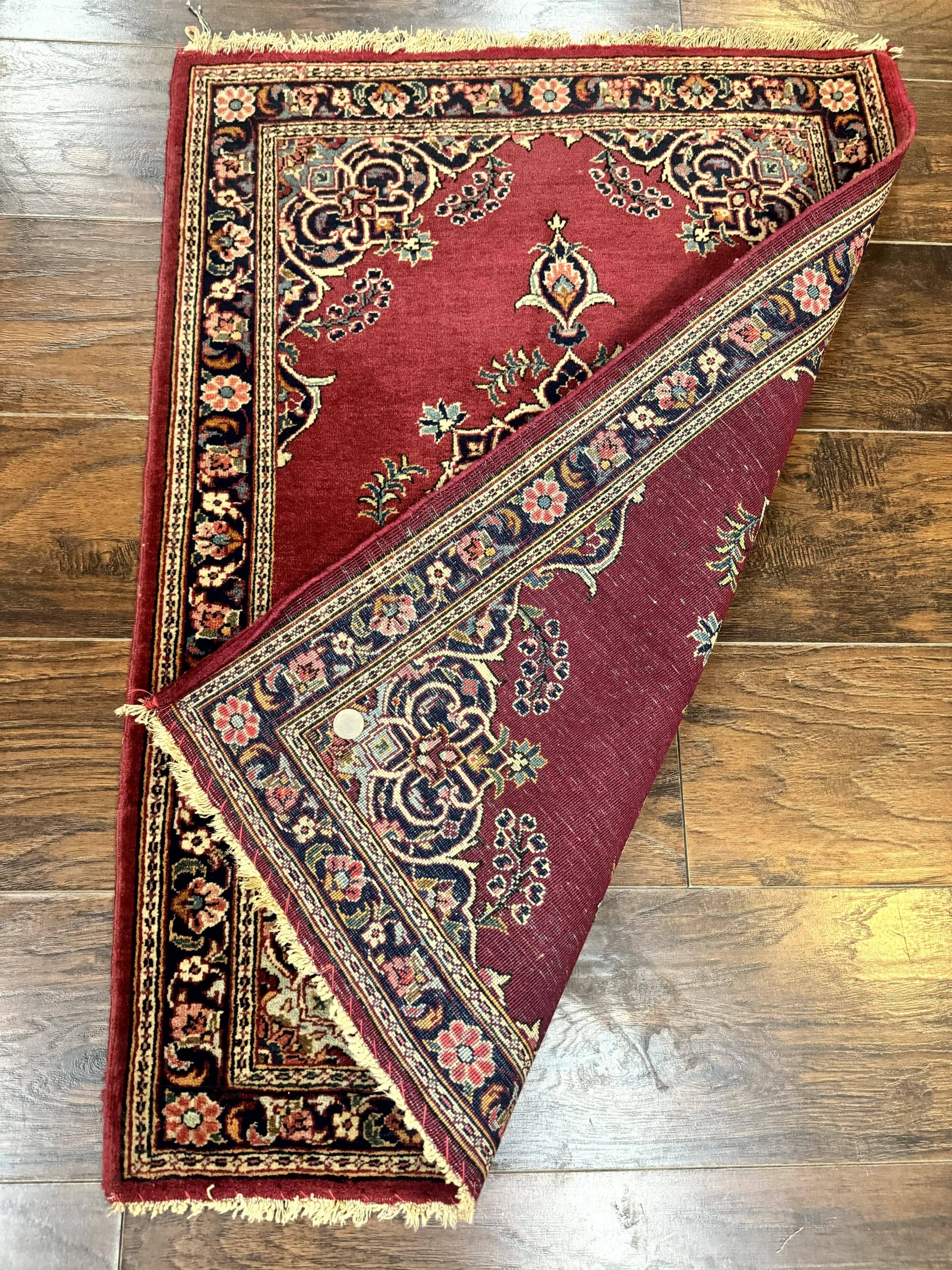 Small Persian Kashan Rug 2x3, Red and Navy Blue, Handmade Vintage Wool Semi Antique Persian Carpet, Semi Open Field - Nuvé