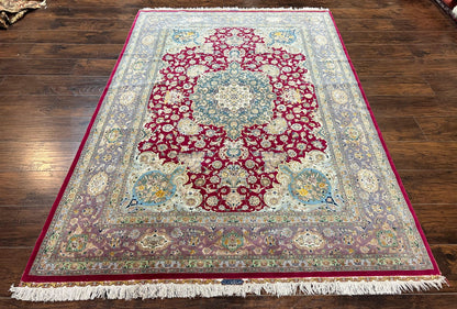Stunning Persian Tabriz Rug 5x7, Signed by Masterweaver, Maroon, Floral Medallion, Ultra Fine 70 Raj 625 KPSI, Kork Wool Silk Foundation, Handmade - Nuvé
