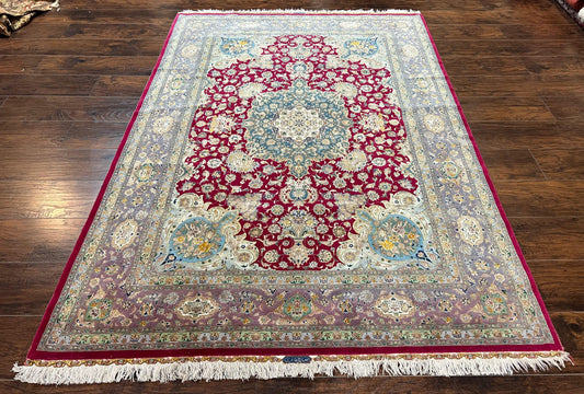 Stunning Persian Tabriz Rug 5x7, Signed by Masterweaver, Maroon, Floral Medallion, Ultra Fine 70 Raj 625 KPSI, Kork Wool Silk Foundation, Handmade - Nuvé