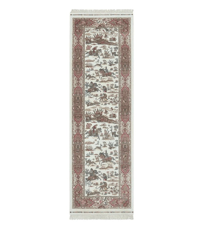 Turkish Silk Runner Rug 2.6 x 8, Hunting Design, Ivory, Bamboo Silk, New