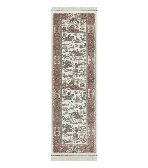 Turkish Silk Runner Rug 2.6 x 8, Hunting Design, Ivory, Bamboo Silk, New