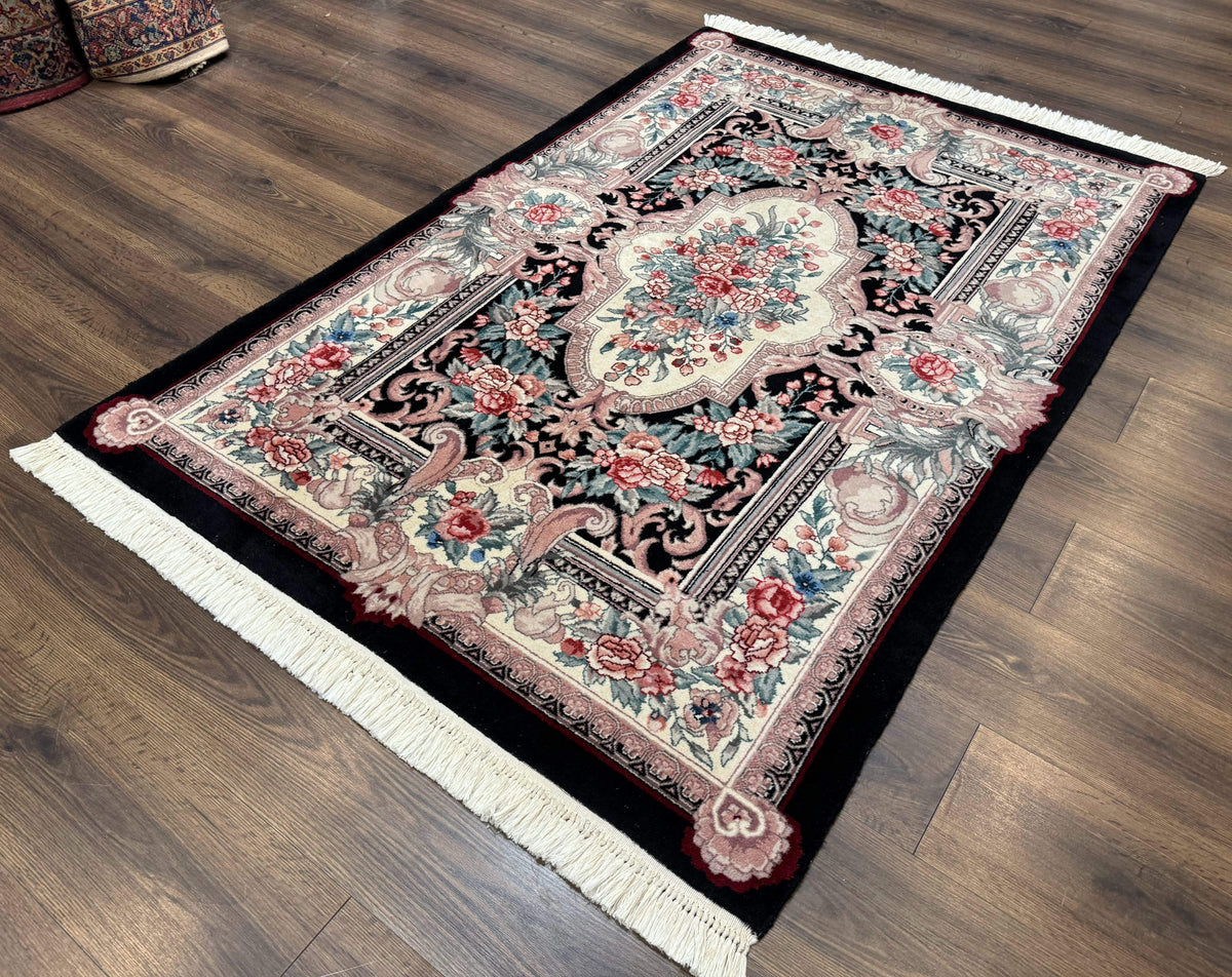Aubusson Rug 4x6, Elegant European Floral Design, Black and Ivory, Fine 200 KPSI