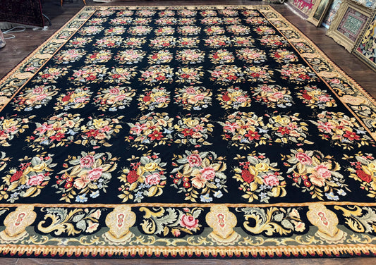 Palace Size Needlepoint Rug 12x16, Black and Colorful, Floral Panel, Handmade Oversized Wool Needlepoint Carpet, Rare - Nuvé