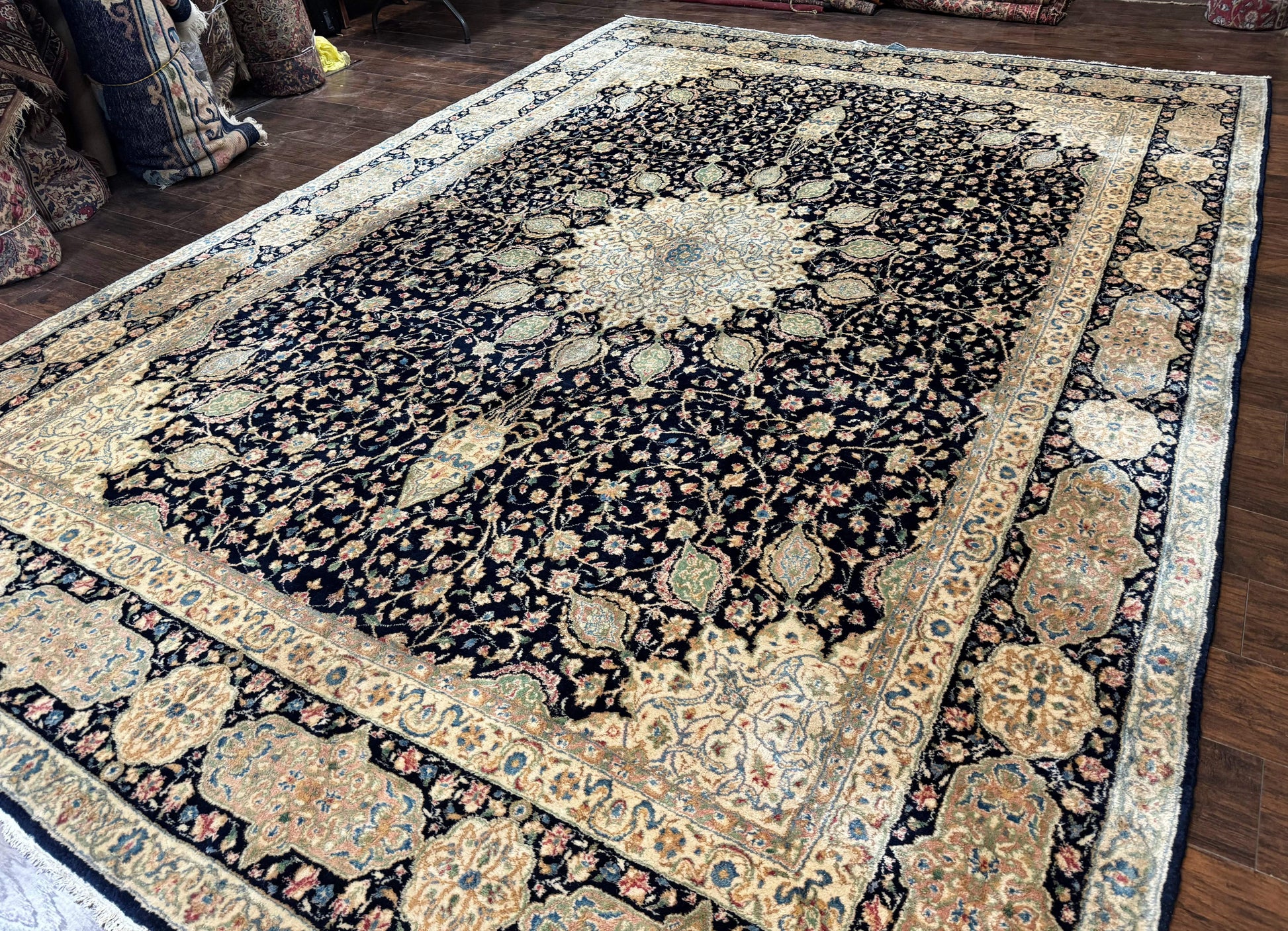 Large Persian Kerman Rug 10x14, Navy Blue and Beige, Floral Medallion, Traditional Elegant Persian Carpet, Signed by Masterweaver - Nuvé