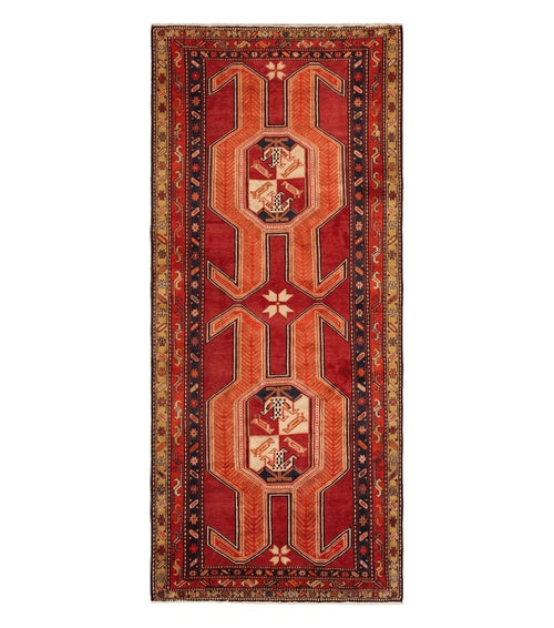 4' 10" X 11' Antique Handmade Turkish Kazak Wool Rug SHIELD Hand Knotted Red