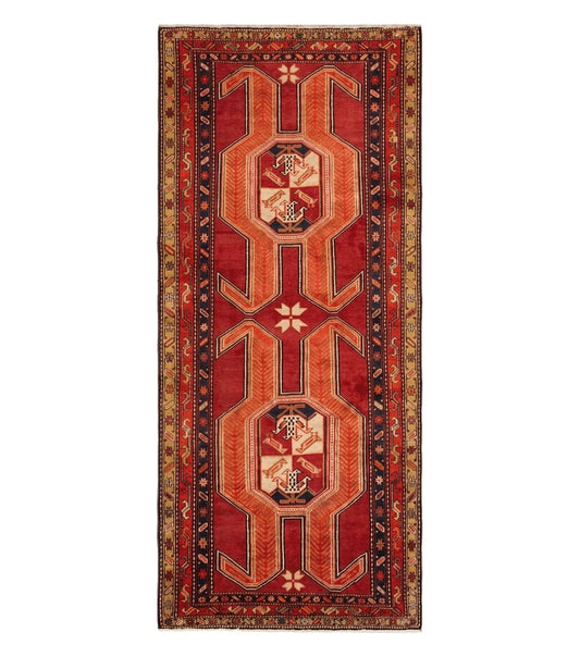 4' 10" X 11' Antique Handmade Turkish Kazak Wool Rug SHIELD Hand Knotted Red