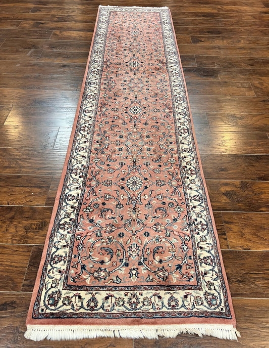 Indo Persian Runner Rug 2.6 x 10, Wool Hand Knotted Vintage Oriental Carpet, Pink & Ivory, Floral Allover, Hallway Rug - Nuvé