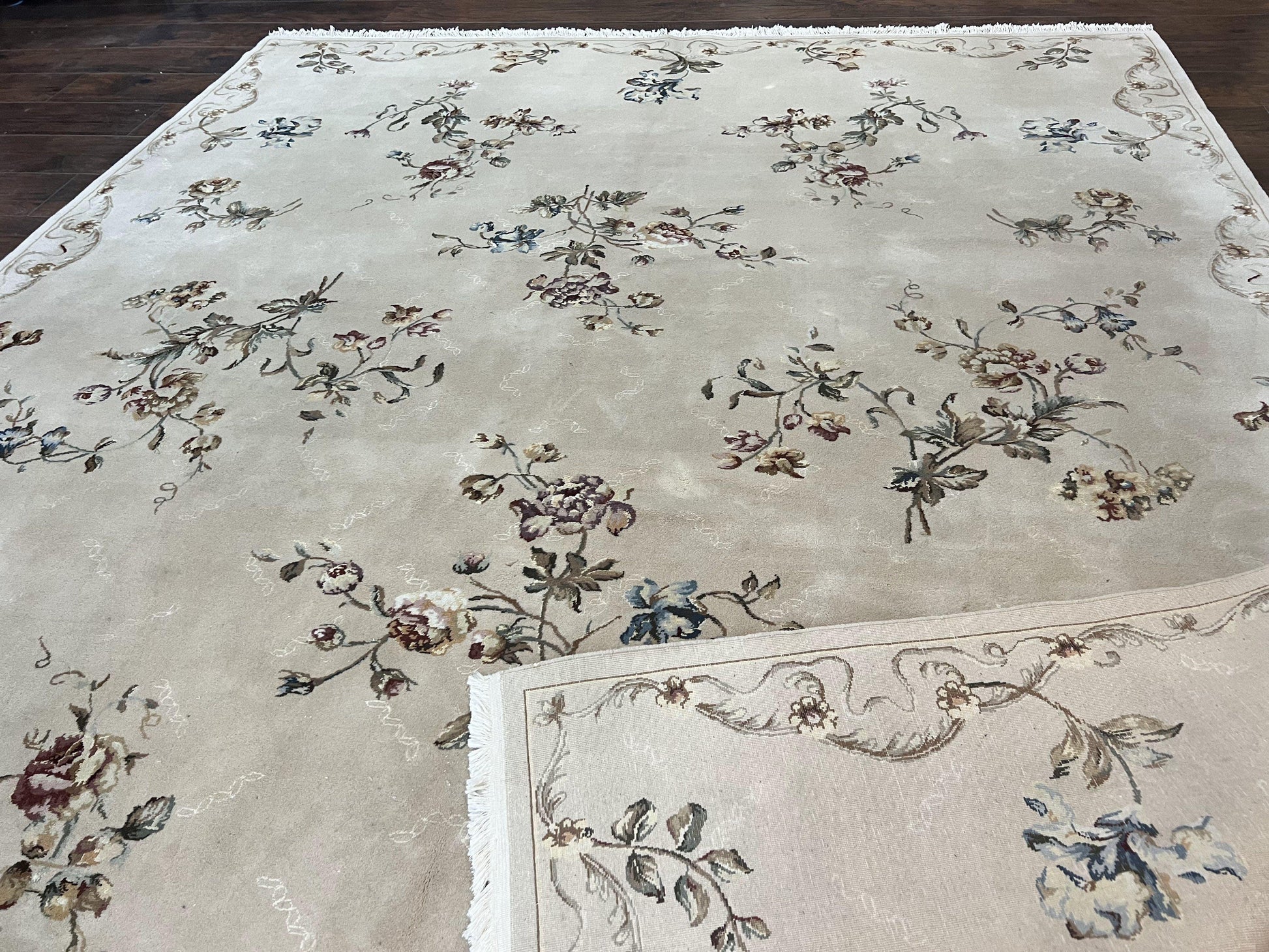 Chinese 120 Line Rug 8x10, Chinese Aubusson Wool & Silk Highlights Handmade Vintage Carpet, Beige Fine Weave Rug, Floral European Design - Nuvé