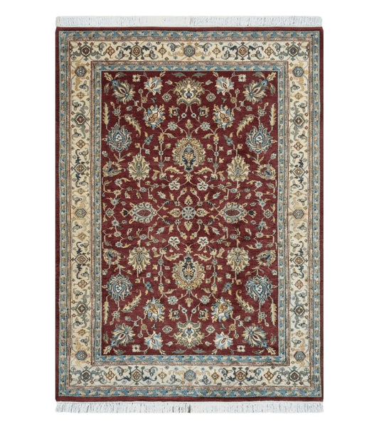 8x12 Indo-Mahal Rug, Floral Allover, Red & Beige, Wool Vintage Handmade Traditional Carpet
