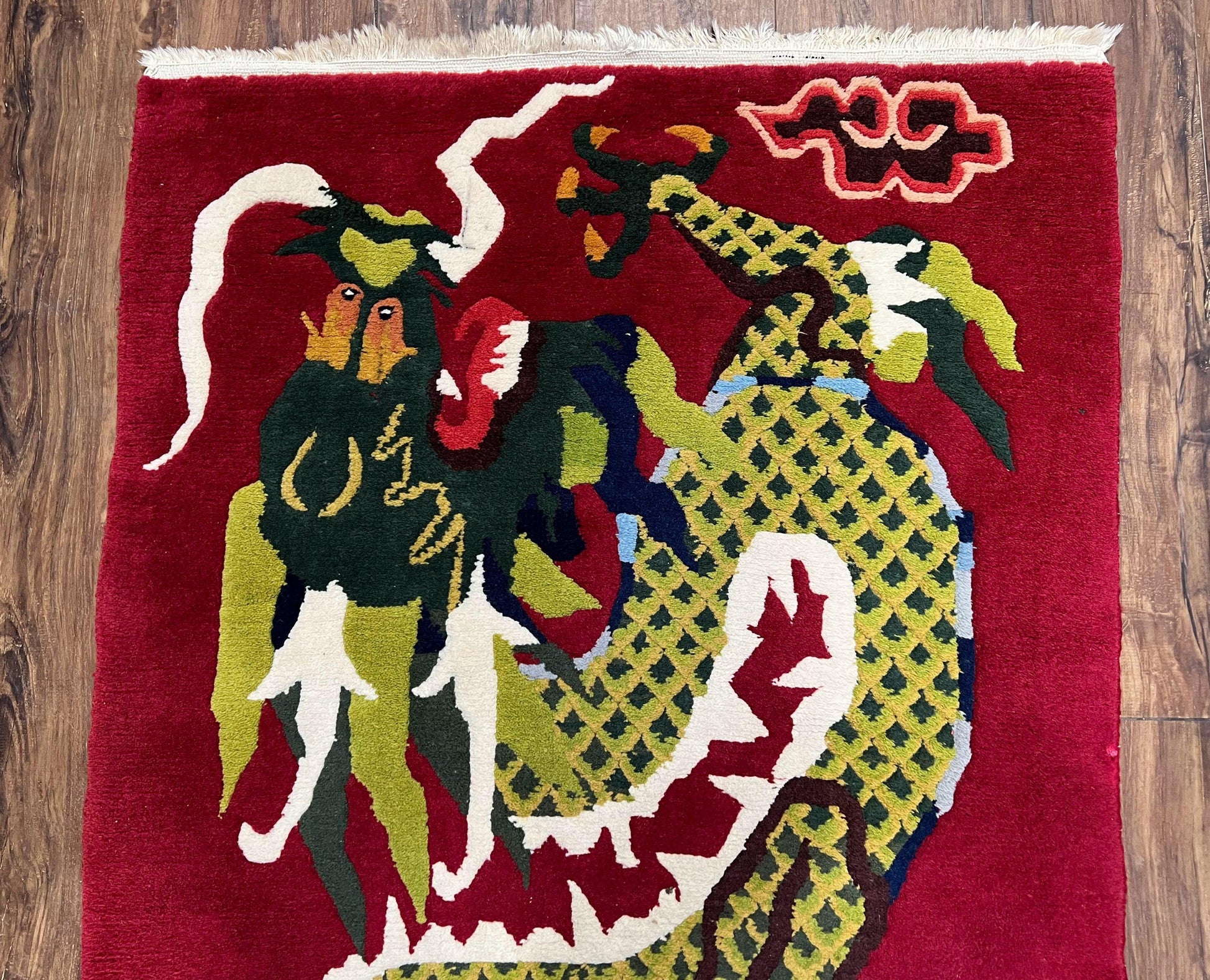 Vintage Chinese Dragon Rug 3 x 6.8, Handmade Hand Knotted Red Chinese Carpet with Gold Dragon, Art Deco Peking Soft Chinese Rug Runner - Nuvé