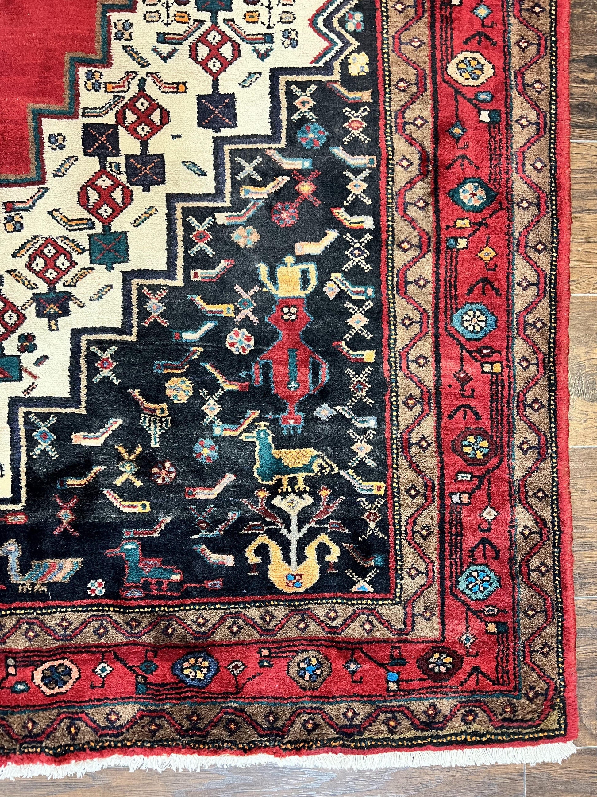 Persian Rug 5x12 ft, Red Cream Navy Blue, Pictorials, Hand Knotted Handmade Wide Runner Tribal Bidjar Semi Antique Wool Geometric Oriental Rug - Nuvé