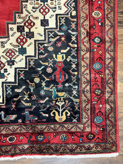 Persian Rug 5x12 ft, Red Cream Navy Blue, Pictorials, Hand Knotted Handmade Wide Runner Tribal Bidjar Semi Antique Wool Geometric Oriental Rug - Nuvé