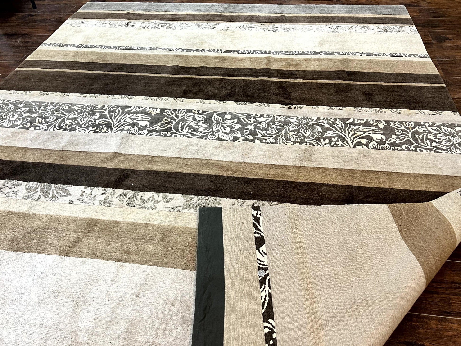 Modern Tibetan Nepali Rug 8x12, Stripe Pattern, Wool with Silk Highlights, Handmade, Beige Tan Brown - Nuvé