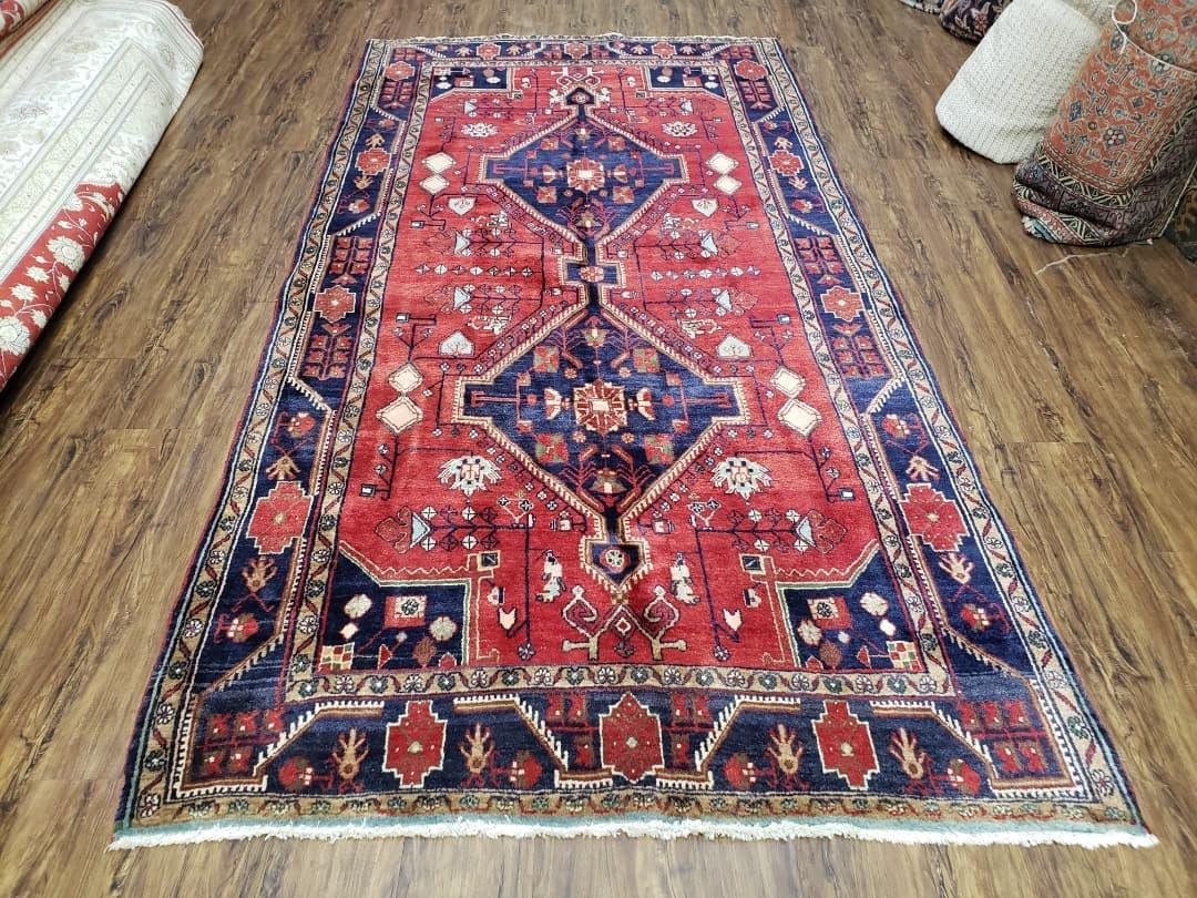 Antique Persian Zanjan Nahavand Heriz Rug, Red & Blue, Hand-Knotted, 5' x 9' 7" - Nuvé