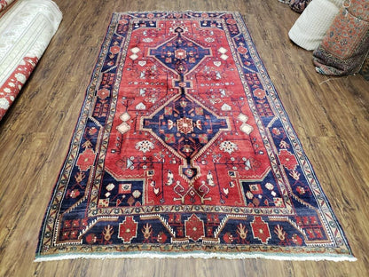 Antique Persian Zanjan Nahavand Heriz Rug, Red & Blue, Hand-Knotted, 5' x 9' 7" - Nuvé